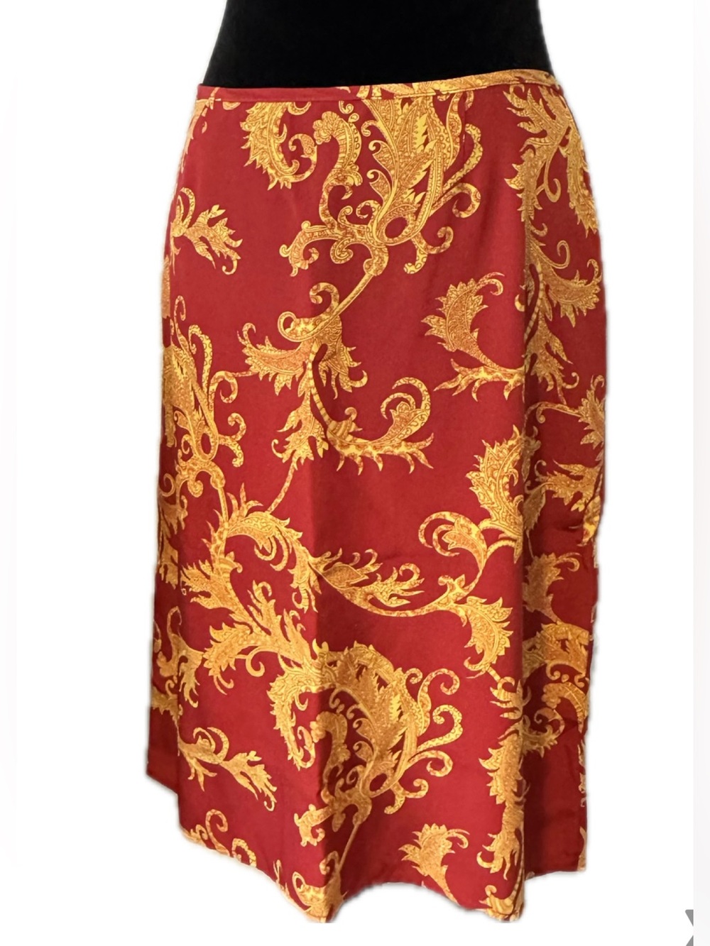 Vintage Tova-Celine Red Gold Baroque Silk Midi Skirt Made in USA Size Small